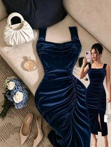 SHEIN Clasi Velvet Spaghetti Strap Ruched Bust Bodycon Slit Party Night Dinner Elegant Summer Women's Midi Dress Wedding Halloween Navy Blue - Navy Blue - View 1
