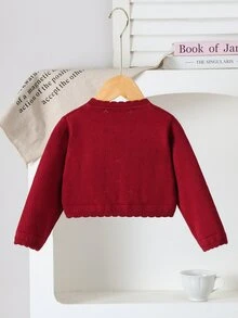 Elladie kids 女嬰白色可愛優雅針織開襟衫，秋季長袖柔軟輕量小外套，附蝴蝶結，純色派對日常婚禮外穿外套 - 紅色 - 查看 2