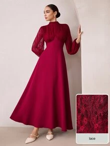 Graceveil Women's Lace Patchwork Stand Collar Long Sleeve Ruched Cinched Waist Flared Elegant Party Dress - Burgundy - View 3