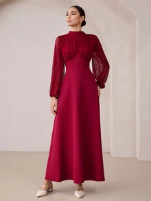 Graceveil Women's Lace Patchwork Stand Collar Long Sleeve Ruched Cinched Waist Flared Elegant Party Dress - Burgundy - View 6