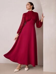 Graceveil Women's Lace Patchwork Stand Collar Long Sleeve Ruched Cinched Waist Flared Elegant Party Dress - Burgundy - View 7