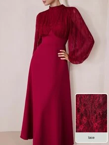 Graceveil Women's Lace Patchwork Stand Collar Long Sleeve Ruched Cinched Waist Flared Elegant Party Dress - Burgundy - View 4