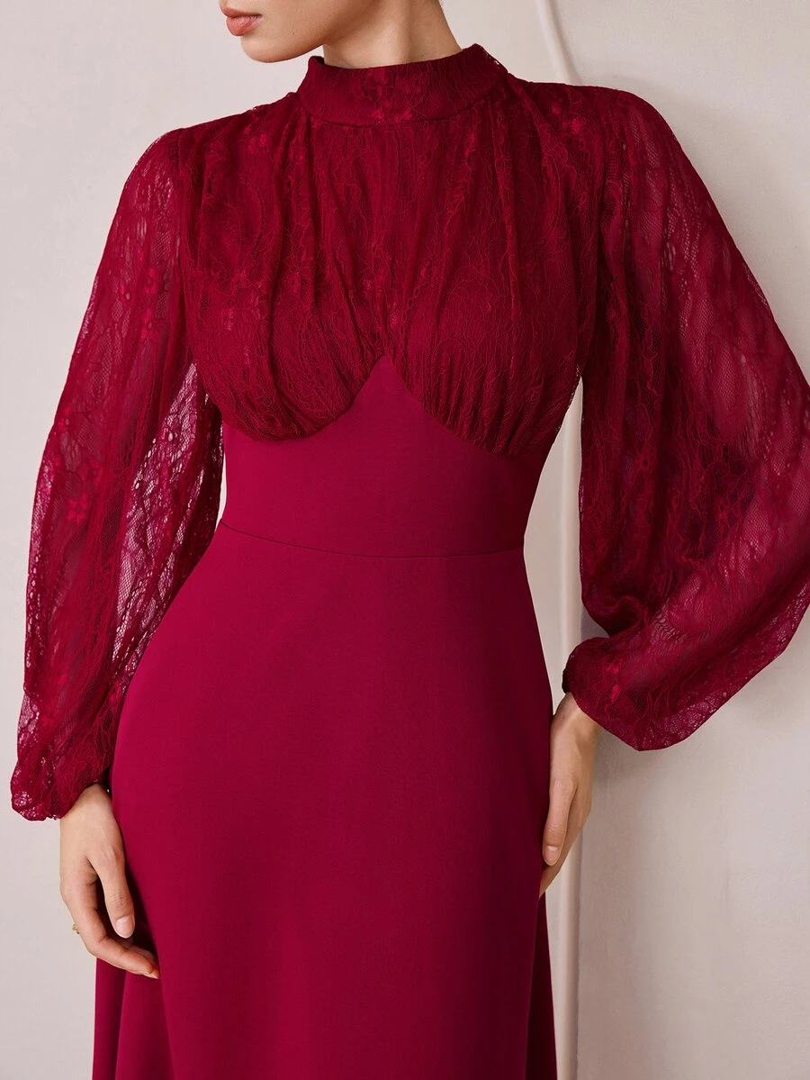 Graceveil Women's Lace Patchwork Stand Collar Long Sleeve Ruched Cinched Waist Flared Elegant Party Dress