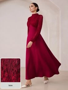 Graceveil Women's Lace Patchwork Stand Collar Long Sleeve Ruched Cinched Waist Flared Elegant Party Dress - Burgundy - View 5