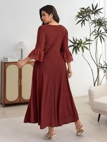 Modelyn Plus Size Women Solid Color V-Neck Casual Daily Summer Dress - Coffee Brown - View 2
