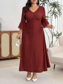 Modelyn Plus Size Women Solid Color V-Neck Casual Daily Summer Dress - Coffee Brown - View 3