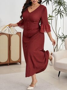 Modelyn Plus Size Women Solid Color V-Neck Casual Daily Summer Dress - Coffee Brown - View 4