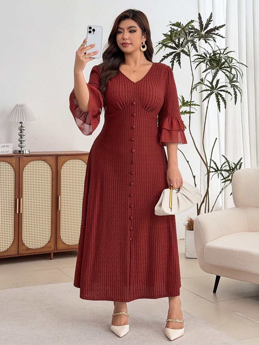 Modelyn Plus Size Women Solid Color V-Neck Casual Daily Summer Dress - Coffee Brown - View 1