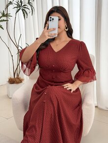Modelyn Plus Size Women Solid Color V-Neck Casual Daily Summer Dress - Coffee Brown - View 6