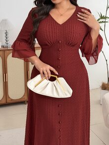 Modelyn Plus Size Women Solid Color V-Neck Casual Daily Summer Dress - Coffee Brown - View 5