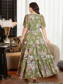 Modelyn 大码女式方领荷叶袖雪纺印花收腰A字连衣裙，浪漫假期 - 彩色 - 查看 2