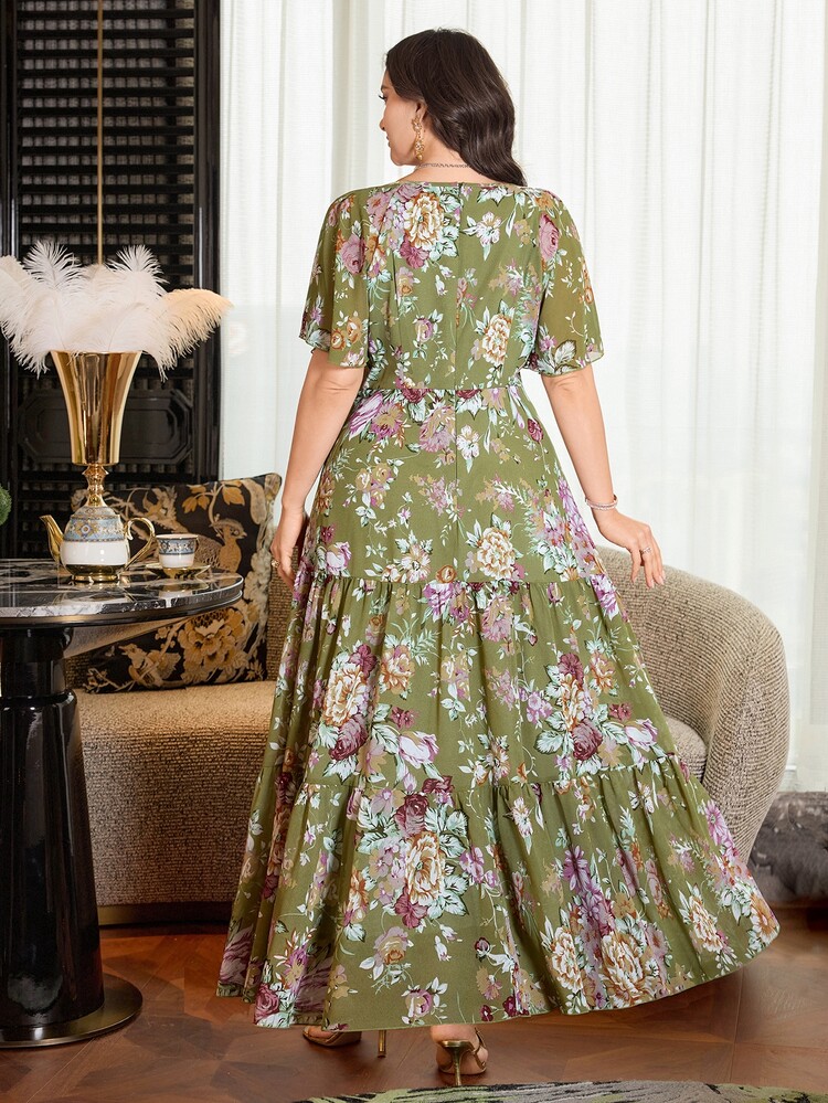 Modelyn Plus Size Women's Square Neck Ruffle Sleeve Chiffon Floral Print Waist Fit And Flare Dress, Romantic Vacation - Multicolor - View 2
