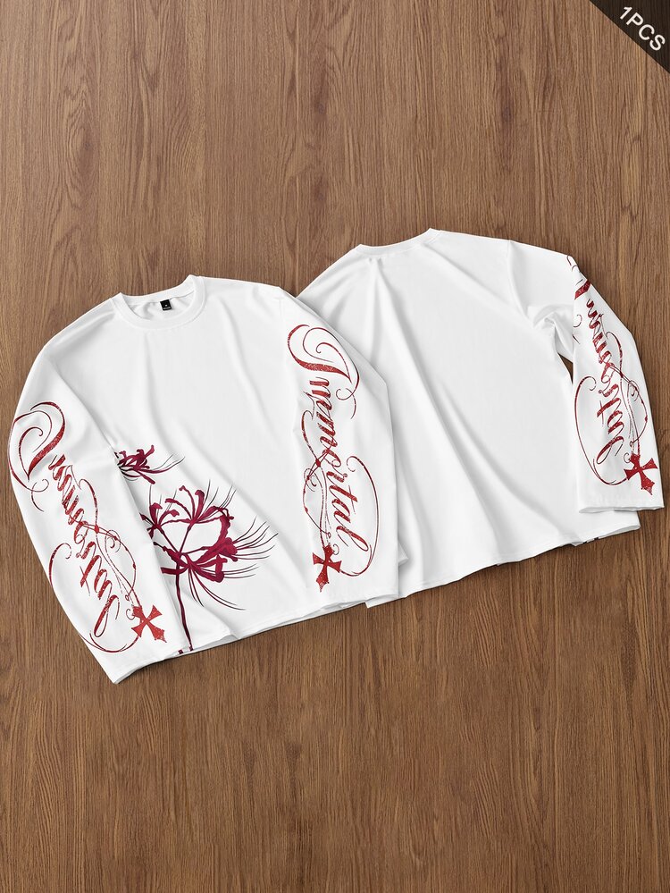 TOKVUE Ins TK Hot, Men's Street Style Long Sleeve Top, Handwritten Signature, Floral Pattern, Spider Lily Pattern, Comfortable To Wear, Suitable For Daily Outings, Gatherings And Outdoor Activities, Ideal Gift For Valentine's Day And Anniversaries - White - View 2