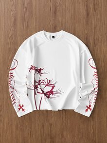 TOKVUE Ins TK 熱門款 男士街頭風長袖上衣 手寫簽名 花卉圖案 彼岸花圖案 穿著舒適 適合日常出遊、聚會與戶外活動 情人節與週年紀念理想禮物 - 白色 - 查看 6