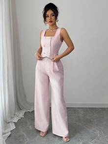 Elenzga Women Checkered Double-Breasted Vest And Pants Elegant 2 Pieces Set Easter - Pink - View 5