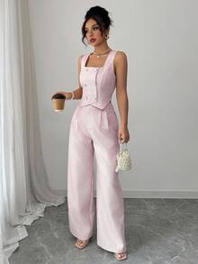 Elenzga Women Checkered Double-Breasted Vest And Pants Elegant 2 Pieces Set Easter - Pink - View 4