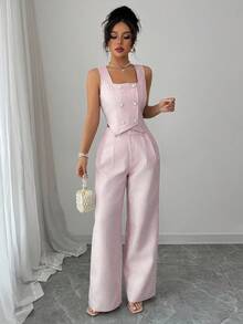 Elenzga Women Checkered Double-Breasted Vest And Pants Elegant 2 Pieces Set Easter - Pink - View 7