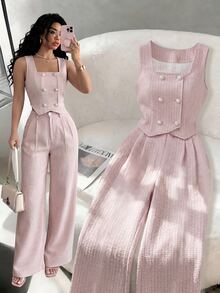 Elenzga Women Checkered Double-Breasted Vest And Pants Elegant 2 Pieces Set Easter - Pink - View 3
