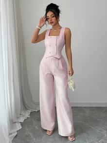 Elenzga Women Checkered Double-Breasted Vest And Pants Elegant 2 Pieces Set Easter - Pink - View 8