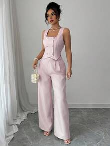 Elenzga Women Checkered Double-Breasted Vest And Pants Elegant 2 Pieces Set Easter - Pink - View 6