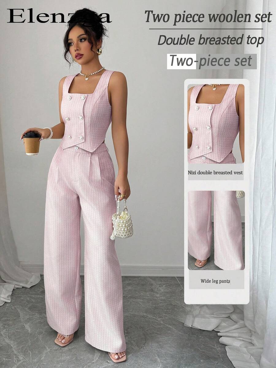 Elenzga Women Checkered Double-Breasted Vest And Pants Elegant 2 Pieces Set Easter - Pink - View 1