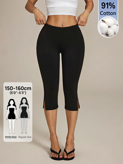 SHEIN PETITE Women's Petite Black Cropped Pants With Side Slits – Slim-Fit For Sports & Commuting
