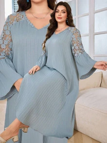 Modelyn Casual Solid Color Lace Splice V Neck Ruffle Hem Long Sleeve Loose Regular Dress For Plus Size, Spring/Summer Fall - Dusty Blue - View 4