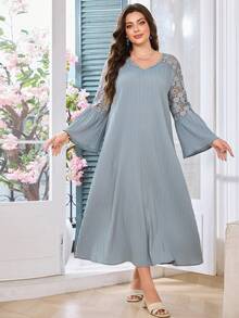 Modelyn Casual Solid Color Lace Splice V Neck Ruffle Hem Long Sleeve Loose Regular Dress For Plus Size, Spring/Summer Fall - Dusty Blue - View 5