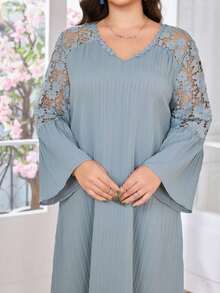 Modelyn Casual Solid Color Lace Splice V Neck Ruffle Hem Long Sleeve Loose Regular Dress For Plus Size, Spring/Summer Fall - Dusty Blue - View 3