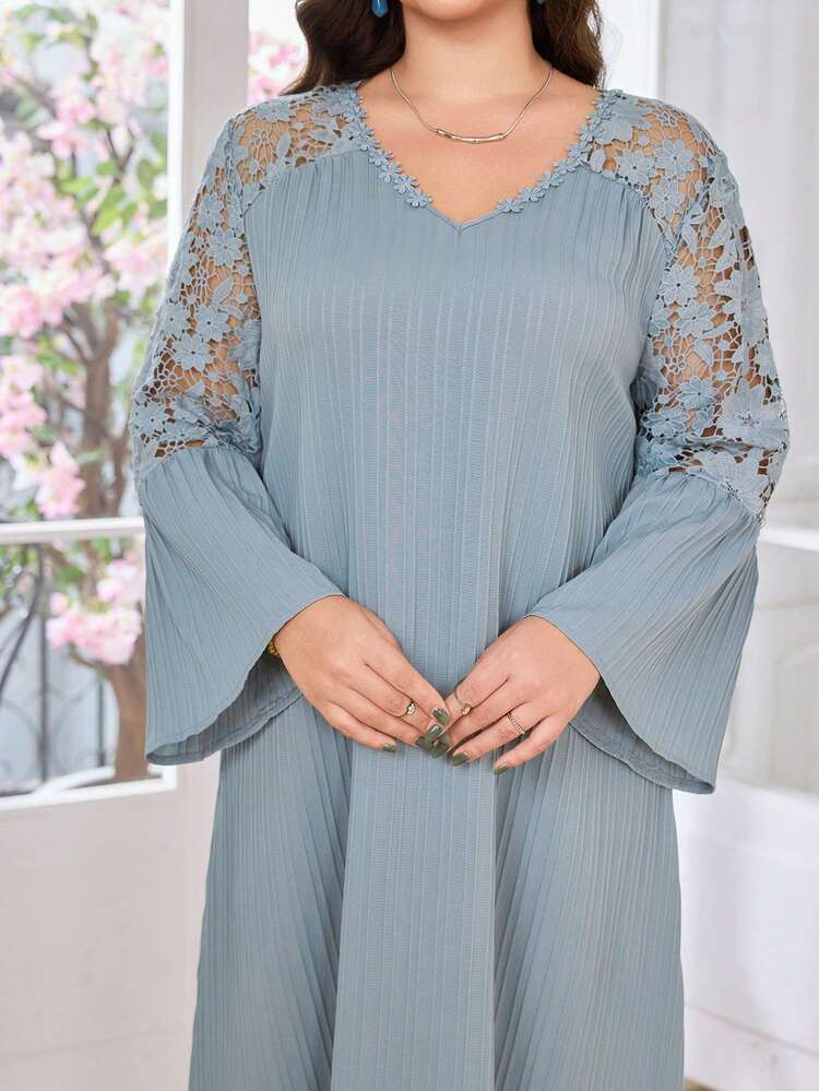 Modelyn Casual Solid Color Lace Splice V Neck Ruffle Hem Long Sleeve Loose Regular Dress For Plus Size, Spring/Summer Fall - Dusty Blue - View 3