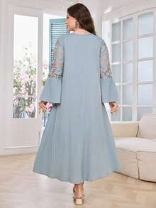 Modelyn Casual Solid Color Lace Splice V Neck Ruffle Hem Long Sleeve Loose Regular Dress For Plus Size, Spring/Summer Fall - Dusty Blue - View 2
