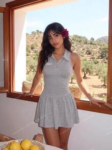 SHEIN ICON Sexy Casual Polo Collar Backless Mini Dress - Grey - View 3