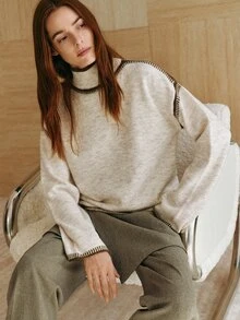 MOTF PREMIUM SMALL MOCK NECK CONTRAST COLOR CROCHET DETAIL PULLOVER SWEATER TOP, AUTUMN/WINTER - Apricot - View 5