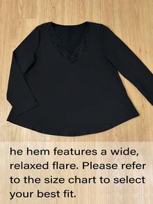 EMERY ROSE Plus Size Women's Elegant Sexy Casual Minimalist Commuter Versatile Slimming Daily Lace Trim Patchwork V-Neck Design Long Sleeve T-Shirt Fall - Black - View 4