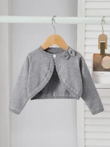 Elladie kids 女嬰白色可愛優雅針織開襟衫，秋季長袖柔軟輕量針織披肩，附蝴蝶結，純色派對日常婚禮外穿外套 - 灰色 - 查看 1