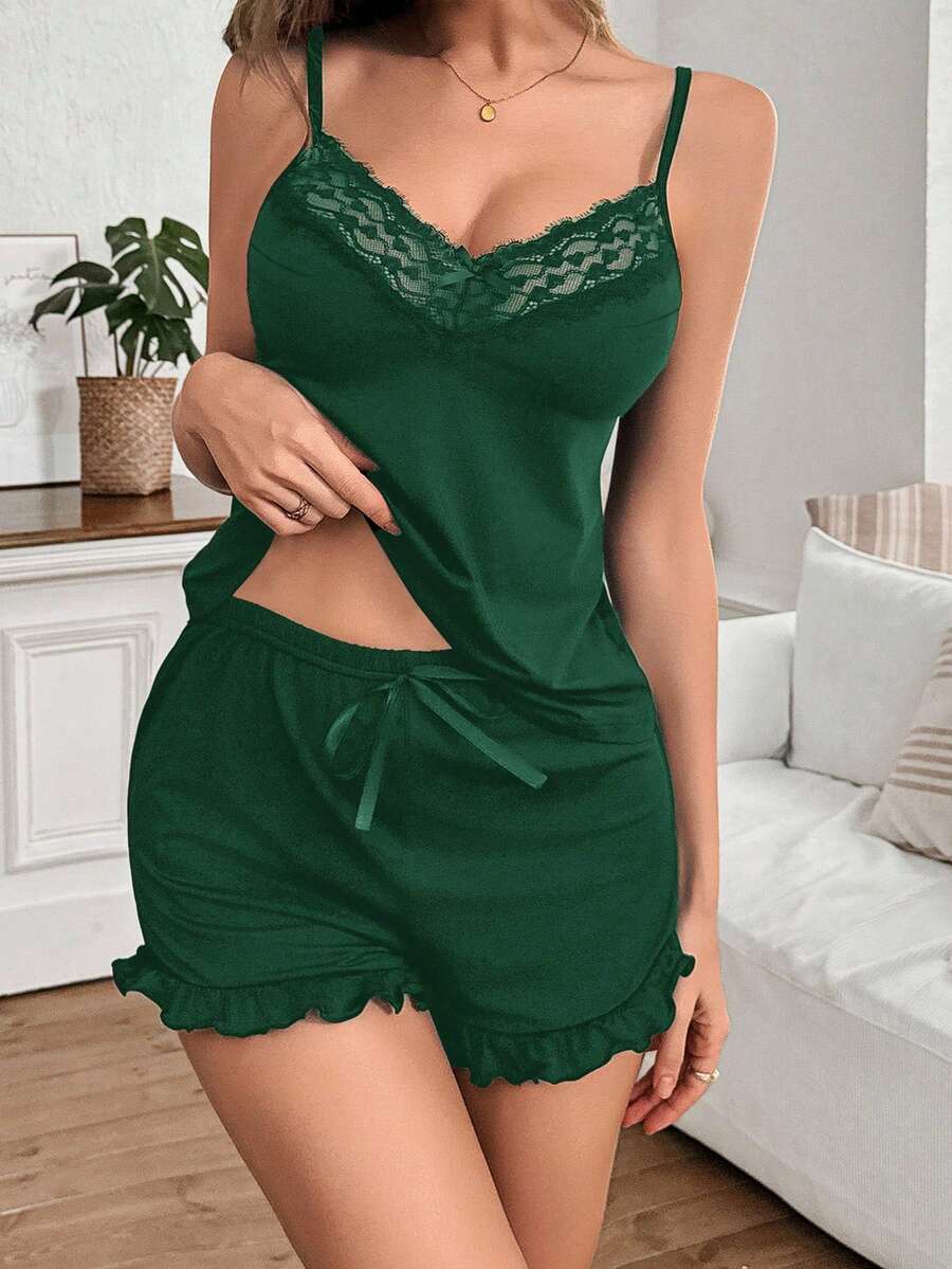 SHEIN Sexy Lace Patchwork Solid Color Milk Silk Camisole & Shorts Women Sleepwear Set Dark Green Lingerie - Dark Green - View 1