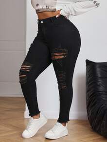 Firerie Plus Size Women Black Ripped Distressed Skinny Stretch Casual Jeans, Fall Women Clothes - Black - View 7