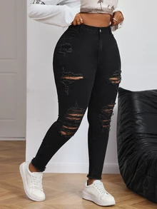 Firerie Plus Size Women Black Ripped Distressed Skinny Stretch Casual Jeans, Fall Women Clothes - Black - View 6