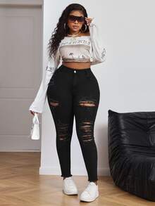 Firerie Plus Size Women Black Ripped Distressed Skinny Stretch Casual Jeans, Fall Women Clothes - Black - View 5