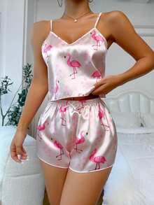 SHEIN Casual Underwear&Sleepwear Flamingo Print Satin Cami Top & Shorts PJ Set / Pajama Set - Baby Pink - View 4