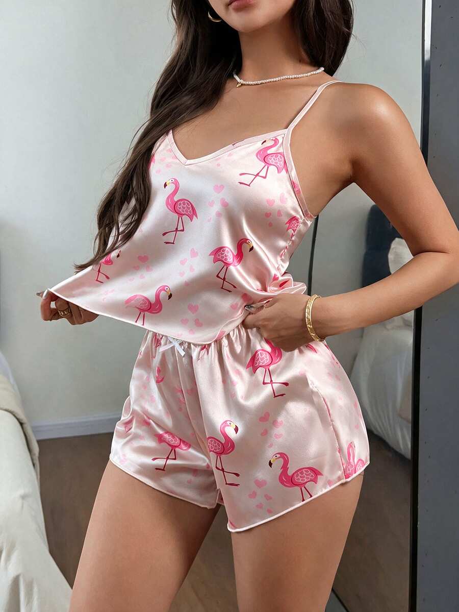 SHEIN Casual Underwear&Sleepwear Flamingo Print Satin Cami Top & Shorts PJ Set / Pajama Set - Baby Pink - View 1