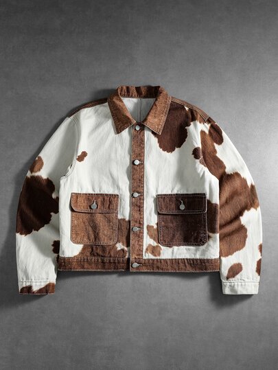 Chaqueta vaquera holgada con estampado de vaca para hombre