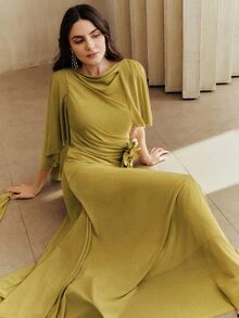 Anewsta Elegant V-Neck Flare Sleeve Solid Color Pleated Waist Flowy Robe With Detachable 3D Floral Decor Suitable For Formal Occasions Olive Green Summer - Green - View 4