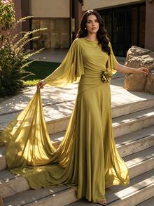 Anewsta Elegant V-Neck Flare Sleeve Solid Color Pleated Waist Flowy Robe With Detachable 3D Floral Decor Suitable For Formal Occasions Olive Green Summer - Green - View 5