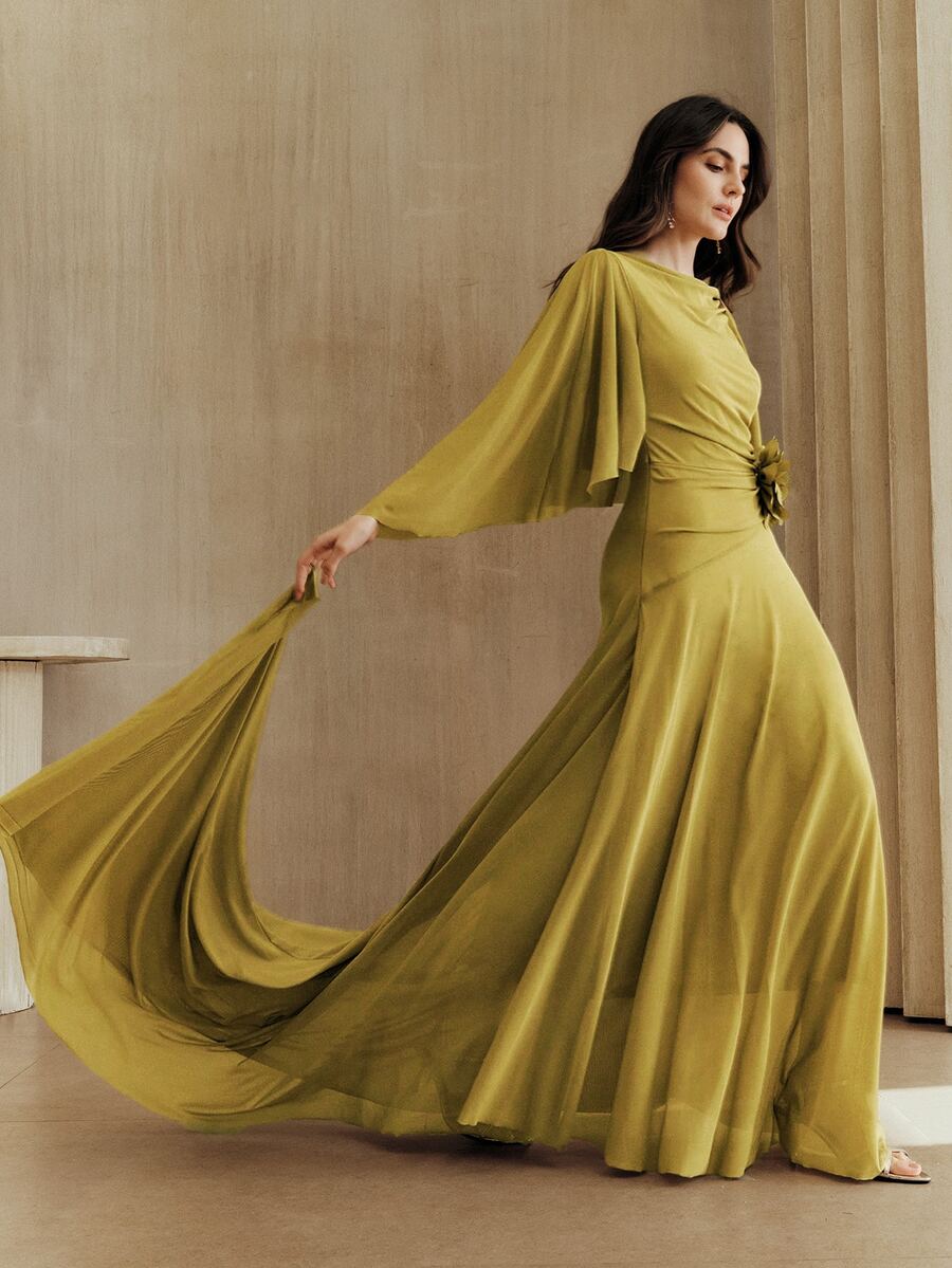 Anewsta Elegant V-Neck Flare Sleeve Solid Color Pleated Waist Flowy Robe With Detachable 3D Floral Decor Suitable For Formal Occasions Olive Green Summer - Green - View 1
