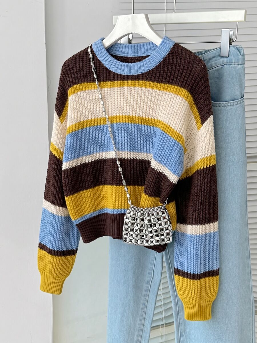 SHEIN Tween Girls' Autumn/Winter Fashion Color Block Thick Knit Sweater Long Sleeve Top Pullover - Multicolor - View 1