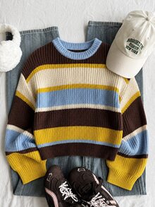 SHEIN Tween Girls' Autumn/Winter Fashion Color Block Thick Knit Sweater Long Sleeve Top Pullover - Multicolor - View 5