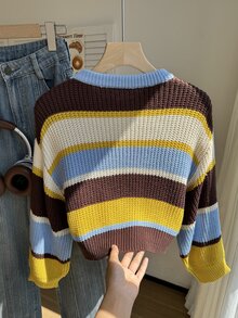 SHEIN Tween Girls' Autumn/Winter Fashion Color Block Thick Knit Sweater Long Sleeve Top Pullover - Multicolor - View 2