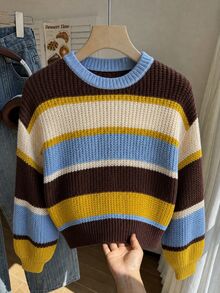 SHEIN Tween Girls' Autumn/Winter Fashion Color Block Thick Knit Sweater Long Sleeve Top Pullover - Multicolor - View 4