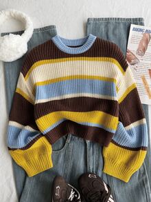 SHEIN Tween Girls' Autumn/Winter Fashion Color Block Thick Knit Sweater Long Sleeve Top Pullover - Multicolor - View 3